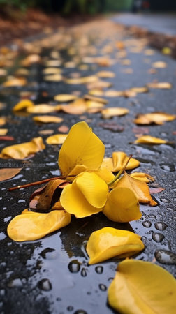 Generative AI : Yellow petal of Cassia fistula or Golden rain flower on black stone floor Blooming golden flowerの素材