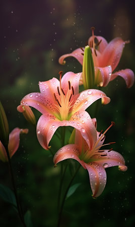 Generative AI : Beautiful colorful Lily flowers in the foggy morning light in gardenの素材