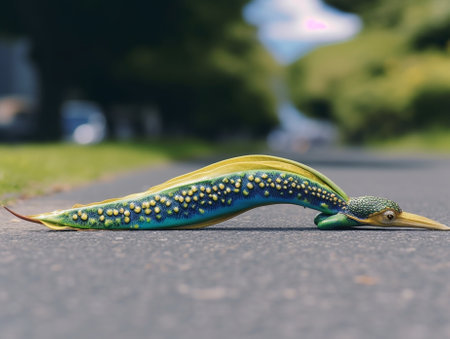 Generative AI : Beautiful Green PeafowlPavo muticus with a beautiful blossomed tail in the natureの素材