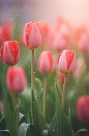 Generative AI : Beautiful Tulips flower in Garden with fogの素材
