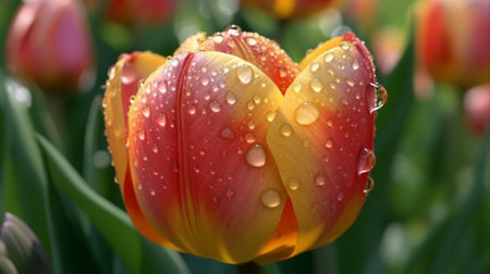 Generative AI : Beautiful Tulip with dewdrop in Gardenの素材