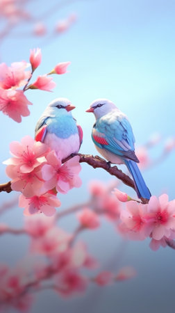 Generative AI : Bird colorful Beautiful Goulds Sunbird with Cherry blossom pink sakura flowerの素材
