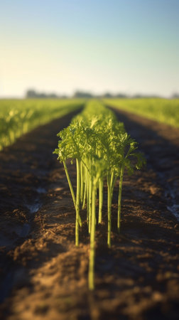 Generative AI : Agricultural field on which grow up carrotsの素材