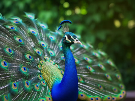 Generative AI : Beautiful Green PeafowlPavo muticus with a beautiful blossomed tail in the natureの素材