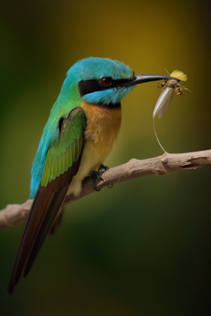 Generative AI : Green bird Blue tailed Bee eater eating butterfly on branchの素材