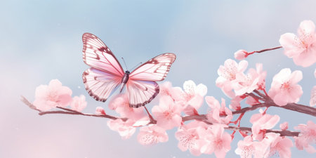 Generative AI : Beauty butterfly with Cherry blossom pink sakura flowerの素材