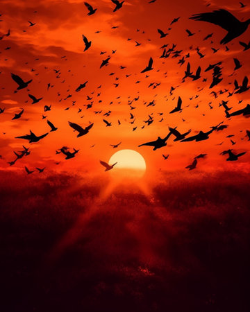 Generative AI : Fiery orange sunrise Dramatic golden sky at the sunrise background with bird flyingの素材