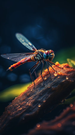 Generative AI : beautiful red dragonfly resting on leafの素材