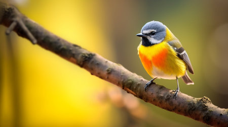 Generative AI : Yellowbellied Flowerpecker Dicaeum melanoxanthum male beautiful bird rest on branch in the natureの素材
