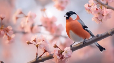 Generative AI : beautiful bird Greybacked Shrike Lanius tephronotus with Cherry blossom pink sakura flowerの素材