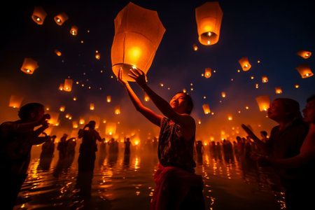 Generative AI : Sky lanterns firework festival Loy Krathong and Yi Peng Festival in Chiangmai Thailandの素材