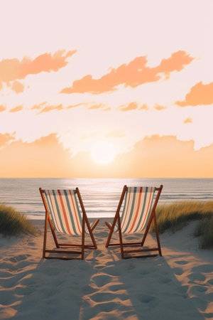 Generative AI : beach chairs on the beachの素材