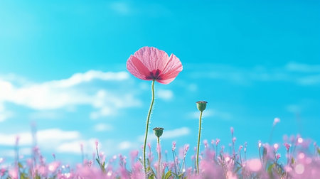 Generative AI : Beautiful pink flower in blue skyの素材