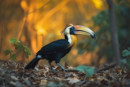 Generative AI : Wreathed hornbill Barpouched wreathed hornbillFemale rest on branch in natureの素材