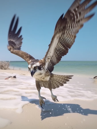 Generative AI : Osprey Fish Eagle Fish Hawk Pandion haliaetus flying in blue skyの素材