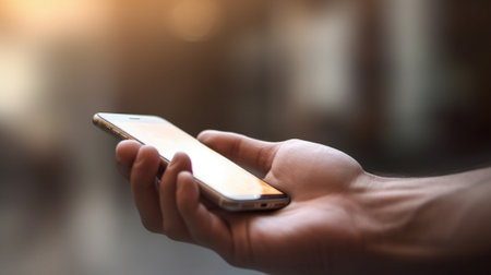 Generative AI : Closeup of man using a smart phoneの素材