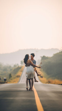 Generative AI : Young romantic couple holding hands walk on the roadの素材