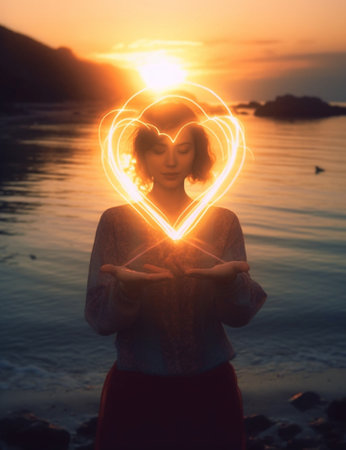 Generative AI : young woman making heart with her hands round the sun in sunsetの素材