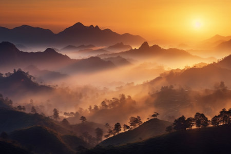 Generative AI : Fog on the mountain with Tropical sunriseの素材
