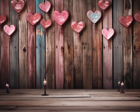Generative AI : background in the style of Valentines Day red heart on a wooden backgroundの素材