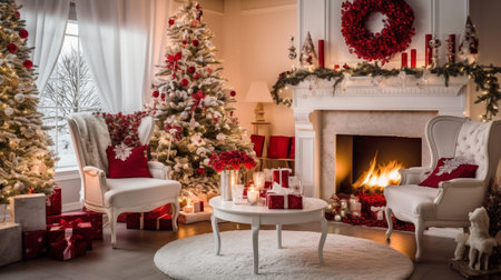 Generative AI : Christmas interior in red and white colors with Christmas tree and fireplaceの素材