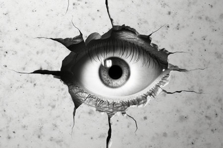 Generative AI : Eye looking through a hole in a white empty paper posterの素材