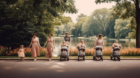 Generative AI : happy family mother of many children and three daughters child girl summer outdoorsの素材