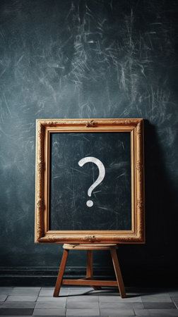 Generative AI : concept of a woman and a question mark drawn in chalk on the blackboardの素材