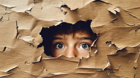 Generative AI : face of a young curious woman in glasses peeking through a hole torn in white paper posterの素材