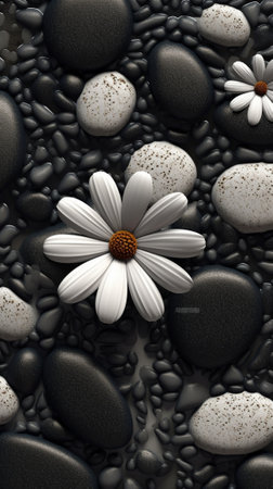 Generative AI : stones of black and white pebbles with water drops abstract background spaの素材