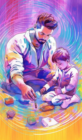 Generative AI : father and baby son paint together with colored pencilsの素材