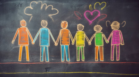 Generative AI : concept family and home are drawn with chalk on a blackboardの素材