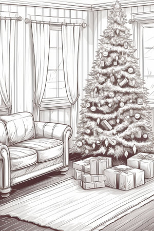 Generative AI : Christmas interior tree with gifts near the window at homeの素材