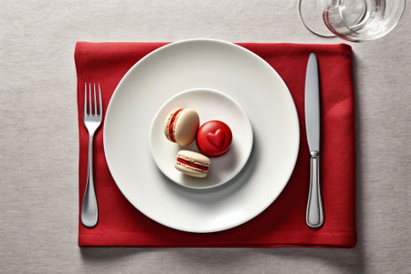 Generative AI : table setting for Valentines Day plate fork knife and red heartsの素材