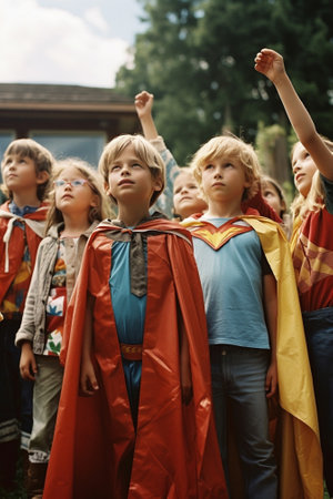 Generative AI : Group of kids in Halloween costumes gesticulating and making scary faces against cloudless sky in parkの素材