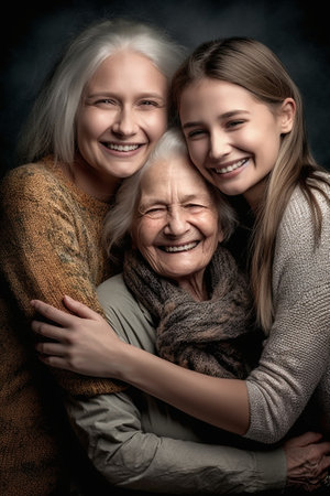 Generative AI : Elderly female hugging little girl and young woman smiling and looking at camera while sitting on sofa togetherの素材