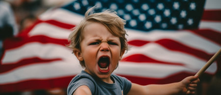 Generative AI : Happy child boy with flag of United States running in living room at home while celebrating independence day of USA on 4th of July with family American patriotic hoの素材