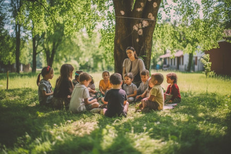 Generative AI : Excited school kids sitting on grass in forest with notebooks during outdoor science lesson raising arms and screaming from excitement discussing discoveries with tの素材