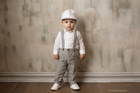 Generative AI : funny baby with a mustache on the brick wall backgroundの素材