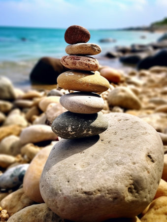 Generative AI : concept of balance and harmony rocks on the coast of the Sea in the natureの素材