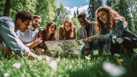 Generative AI : School children learning about ecology nature and environment with teacher while sitting together on green grass in forest on sunny day kids raising hands asking quの素材