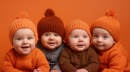 Generative AI : cute happy newborn baby in knitted orange hat capの素材