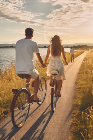 Generative AI : Full body of content cheerful family woman and little daughter in summer dresses riding bikes along wooden embankment near sea at sunsetの素材