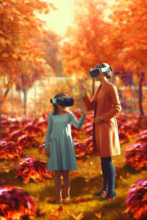 Generative AI : happy family mother and child little daughter play on autumn walk in nature outdoorsの素材