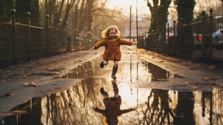 Generative AI : happy child girl running and jumping in puddles after rain in autumnの素材