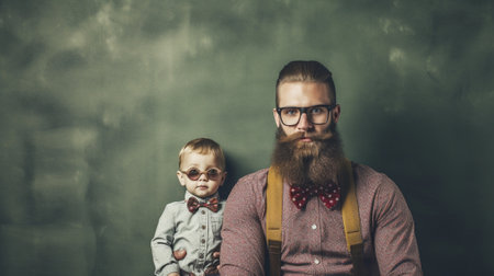 Generative AI : A happy bearded businessman in a strict shirt tie and glasses sits with his young son in a similar outfit on the sofa and looks at the camera with a smileの素材