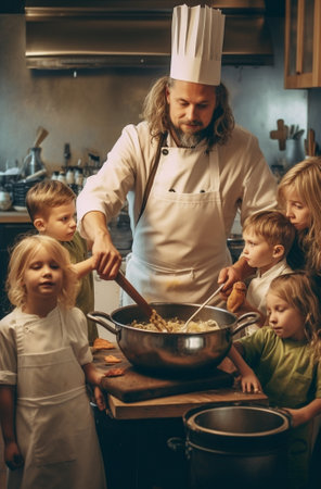 Generative AI : Happy little siblings in chef hats and aprons mixing ingredients for pastry while cooking dinner with smiling father in home kitchenの素材