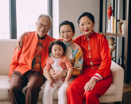 Generative AI : Big happy family Portrait of grandparents mother father and two their cute kids sister and brother sitting together on coach at home and smiling at camera Mortgageの素材