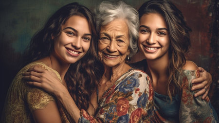 Generative AI : Happy multi generational family elderly female hugging little girl and young woman smiling while sitting on sofa togetherの素材