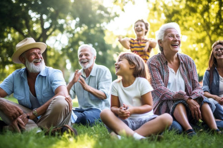Generative AI : Cheerful parents smiling and playing with kids while sitting on green grass on sunny summer day in parkの素材